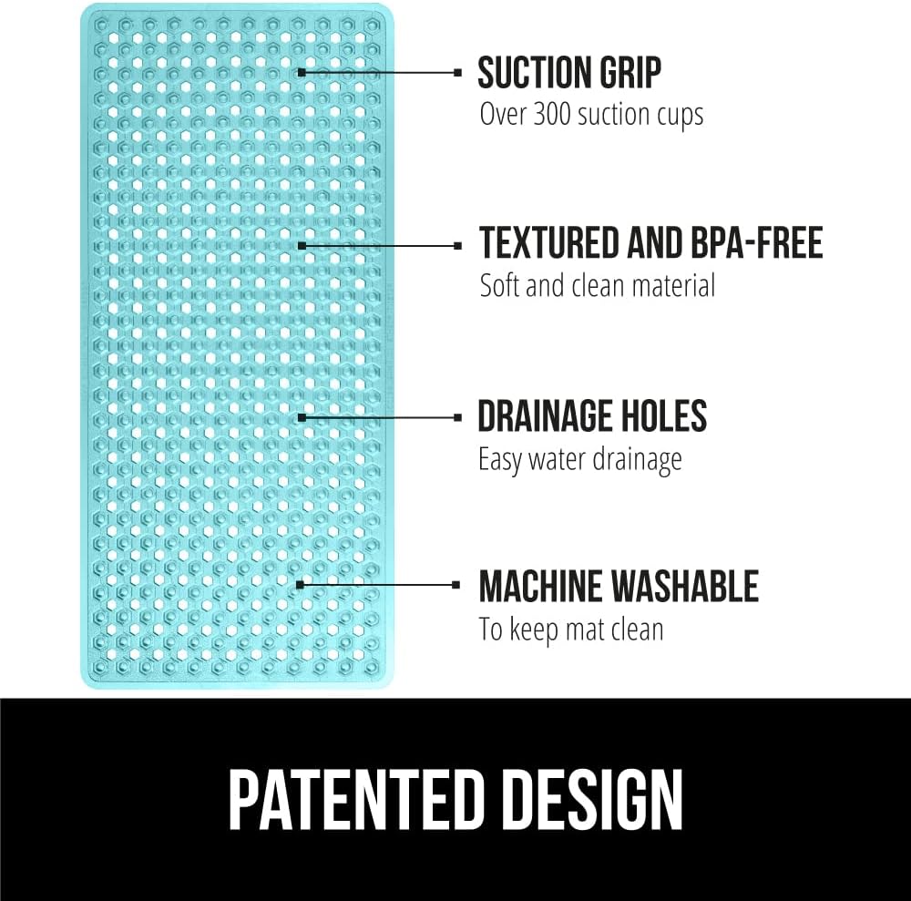 GORILLA GRIP Patented Bath Tub Shower Mat, Machine Washable Bathtub Floor Liner Mats, Suction Cups and Drain Holes to Keep Tubs Clean, Soft on Feet, Bathroom Essentials, 35x16 Inch, Clear Turquoise
