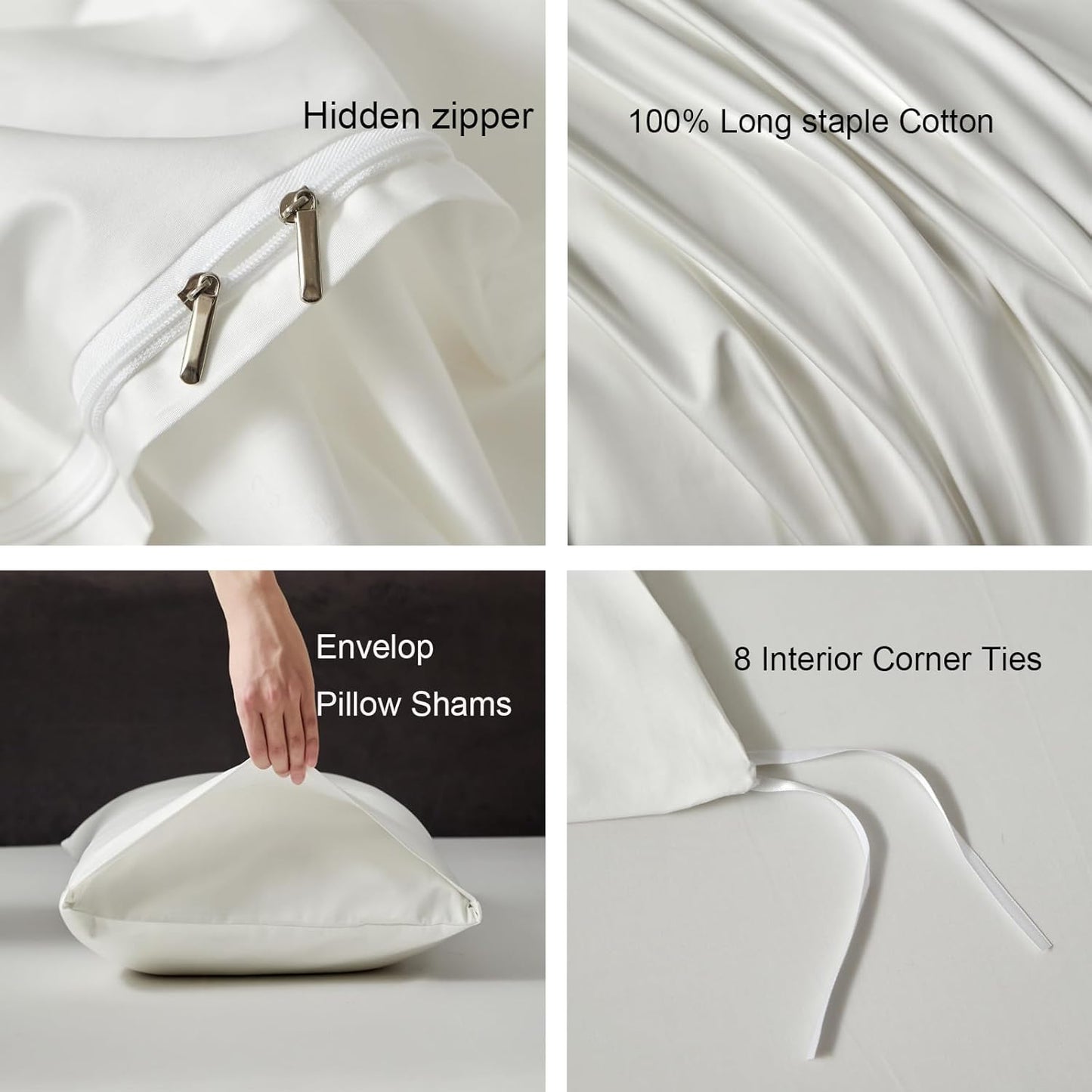 PURE ERA Duvet Cover Set 800 Thread Count Long Staple Cotton Sateen Silky Soft Luxurious Smooth 3 Piece Set Solid White Queen