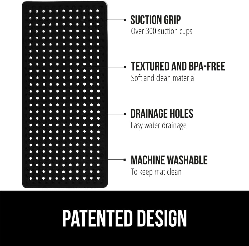 GORILLA GRIP Patented Bath Tub Shower Mat, Machine Washable Bathtub Floor Liner Mats, Suction Cups and Drain Holes to Keep Tubs Clean, Soft on Feet, Bathroom Essentials, 35x16 Inch, Black