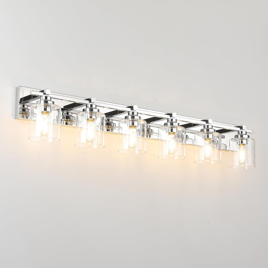6 Light Modern Bathroom Light Fixtures Over Mirror, Chrome Vanity Lights for Bathroom Wall Sconces with Clear Glass Shades, E26 Socket (Bulbs Not Included)