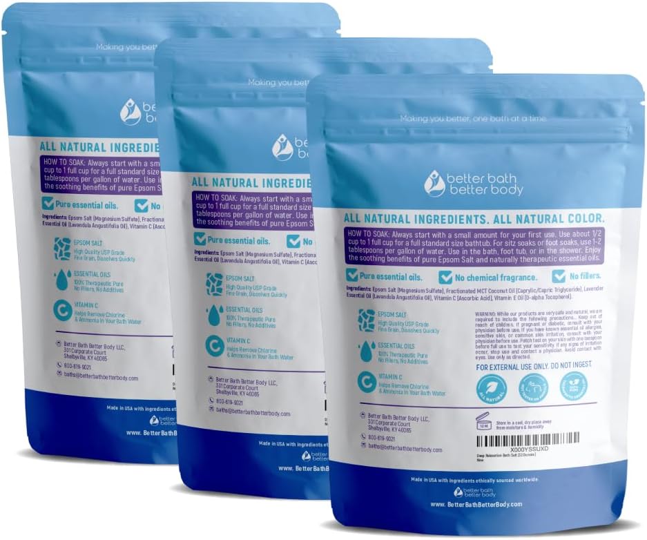 Deep Relaxation Bath Salt (3 Pack Plus Scoop) Relaxing Bath Soak with Pure Lavender Essential Oil in BPA Free Pouch with Press Lock Seal Made in USA 3 Pack of 2 Lbs 6 Lbs Total