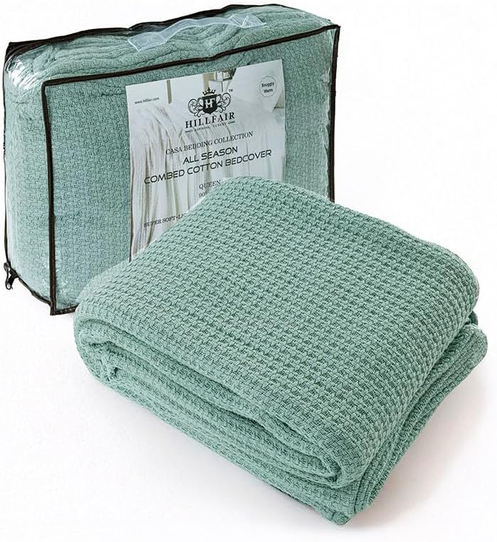 HILLFAIR 100% Soft Premium Combed Cotton Thermal Blanket– Twin XL Blankets – Soft Cozy Warm Bed Throw Twin Bed Blankets– All Season Cotton Blankets – Sage
