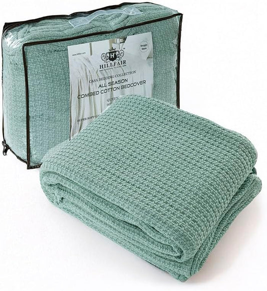 HILLFAIR 100% Soft Premium Combed Cotton Thermal King Blankets – Soft Cozy Warm Cotton Blanket– Bed Throw Blanket– King Bed Blankets– All Season Blanket– Sage