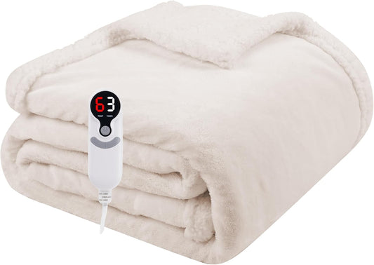 Electric Heated Blanket Throw Size 50"x60", Soft Flannel with Overheat Protection, 6 Adjustable Heat Settings & 3-Hour Auto-Off Timer, Fast Heating for Winter Comfort, White