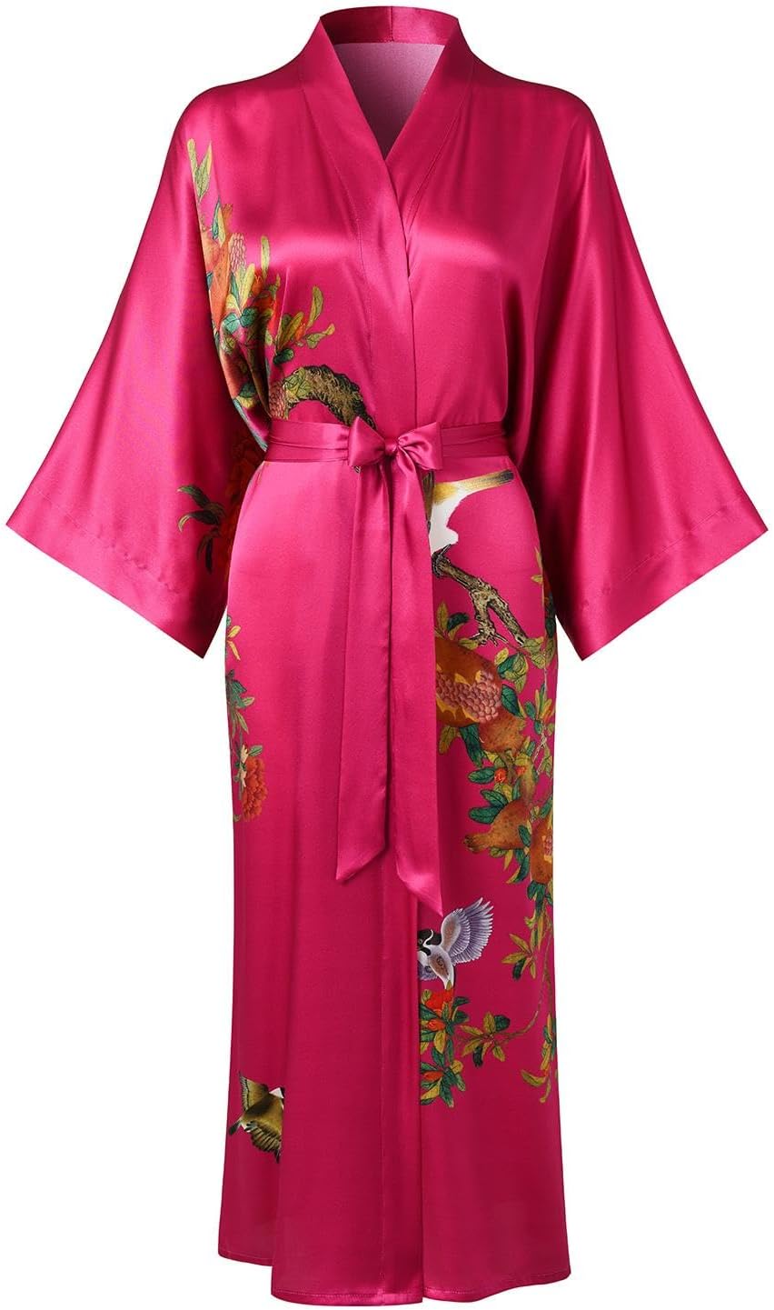 Women's Silk Kimono Robe Long Bathrobe Nightgown 100% Mulberry Silk for Women - Classic Floral Pattern