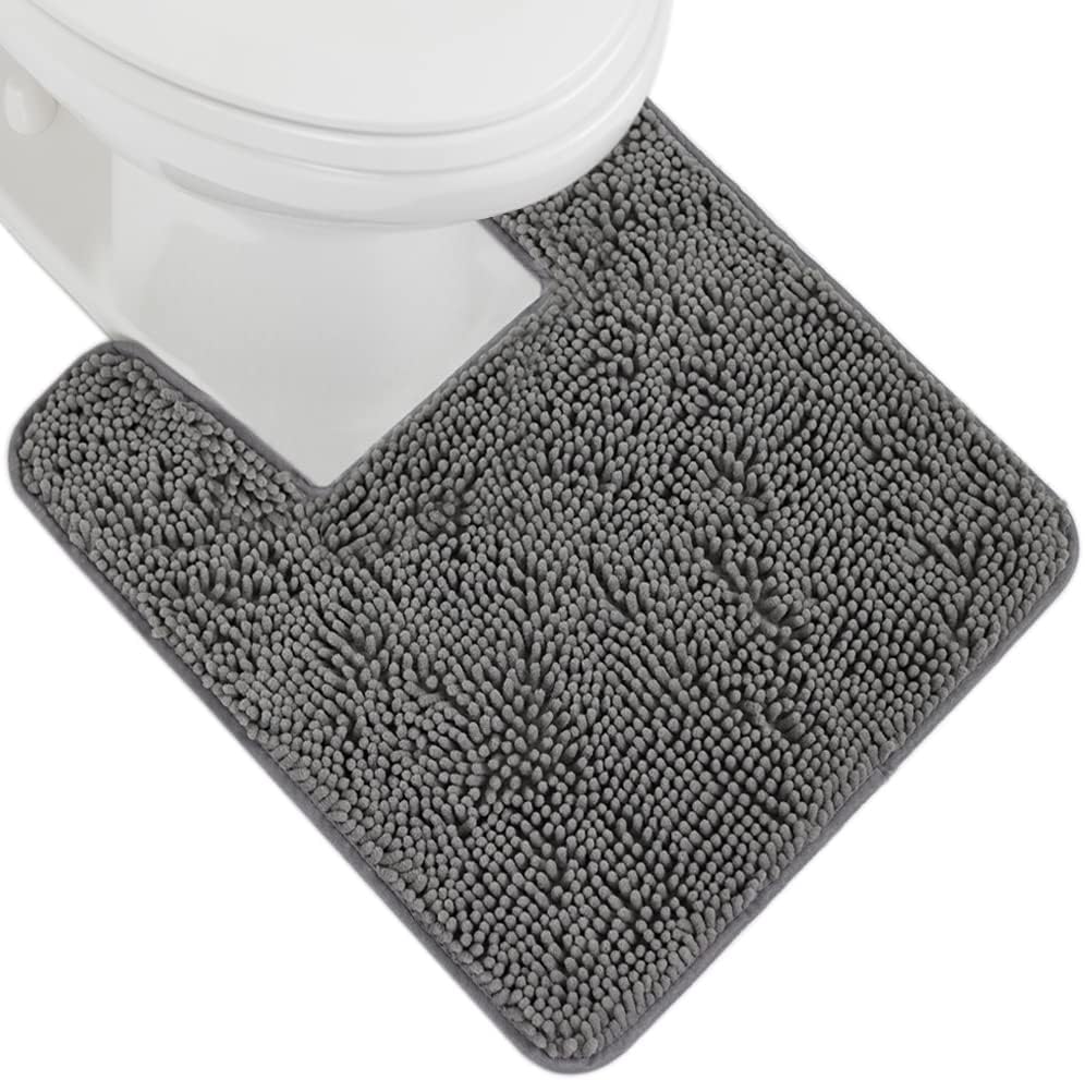 GORILLA GRIP Plush Absorbent Shaggy Chenille Bath Rug Mat for Square Toilet Base with Rubber Backing, Machine Washable Rugs, Soft Microfiber Contour Mats for Toilets, Bathroom Decor, Grey