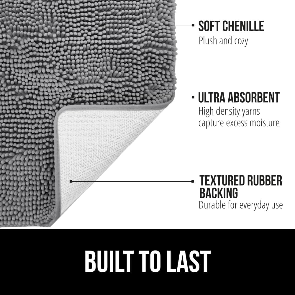 GORILLA GRIP Plush Absorbent Shaggy Chenille Bath Rug Mat for Square Toilet Base with Rubber Backing, Machine Washable Rugs, Soft Microfiber Contour Mats for Toilets, Bathroom Decor, Grey