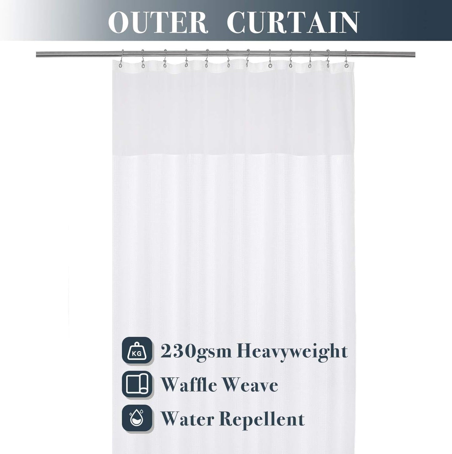 N&Y HOME Extra Long Waffle Weave Shower Curtain 96 Inch Length with Snap-in Fabric Liner & Metal Hooks Set - Hotel Style, Waterproof & Washable, Heavyweight Fabric & Mesh Top Window - 71"Wx96"L, White