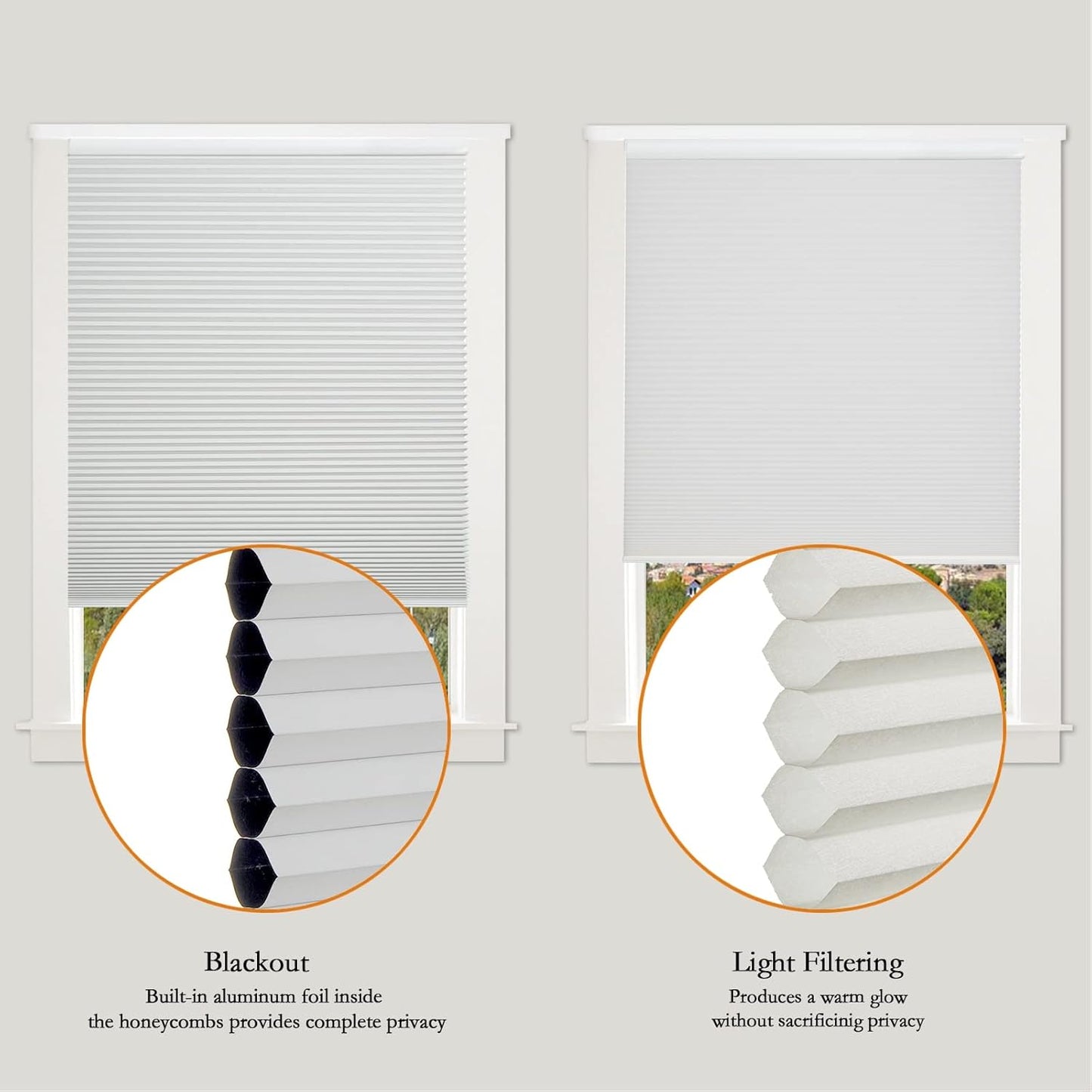 Persilux Custom Size Cellular Shades Cordless 100% Blackout Roller Shades Thermal Insulated Pleated Window Blinds Honeycomb Shades for Home, Office and French Door Light Grey