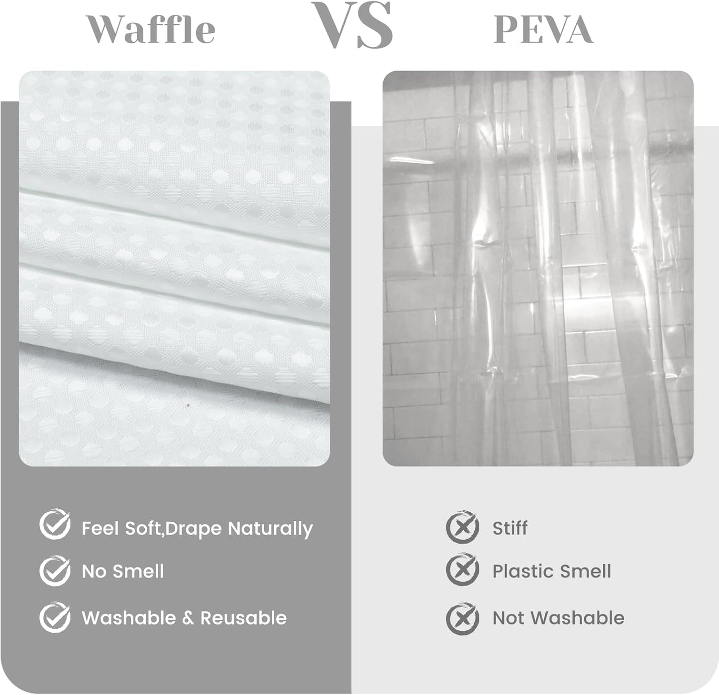 No Hook Shower Curtain with Snap in Liner Set Waffle Shower Curtain for Bathroom Hotel Style Fabric Waterproof Inner Liner，71" W x 80" H, White
