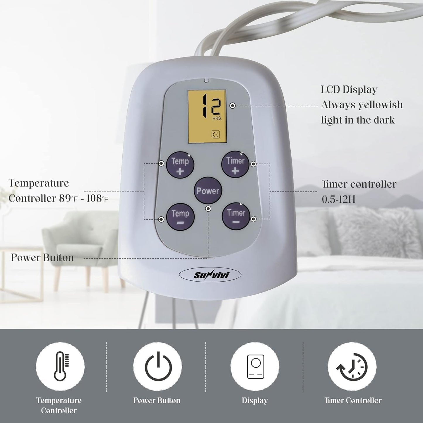 SUNVIVI Heated Electric Blanket Queen Size Dual Control, 10 Heat Settings, 12 Hours Auto Off, Machine Washable, ETL Certified, Overheating Protection, Grey, 84x90 Inch
