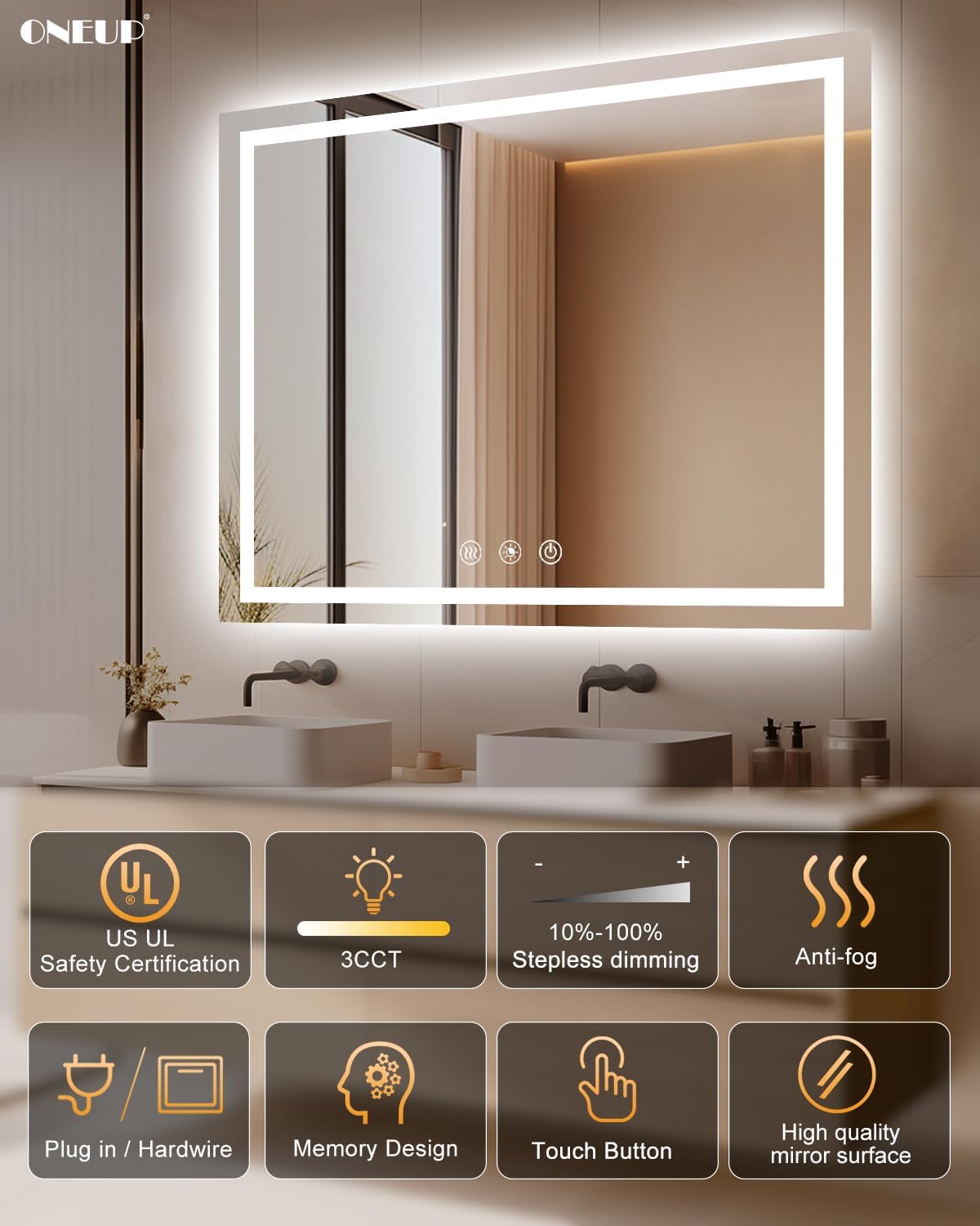 oneup 48''x40'' Bathroom Mirror with Lights,Front Lighted Bathroom Mirrors for Wall,Anti-Fog Smart Vanity Mirror,Touch Button and Memory Function,Dimmable 3-Color Lights