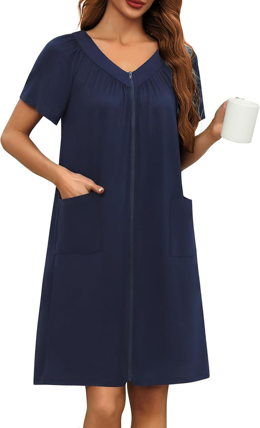 Ekouaer Women Robe Zipper Front Mumu Duster Robes Zip Up Housecoat Soft Sleepwear with Pockets S-3XL