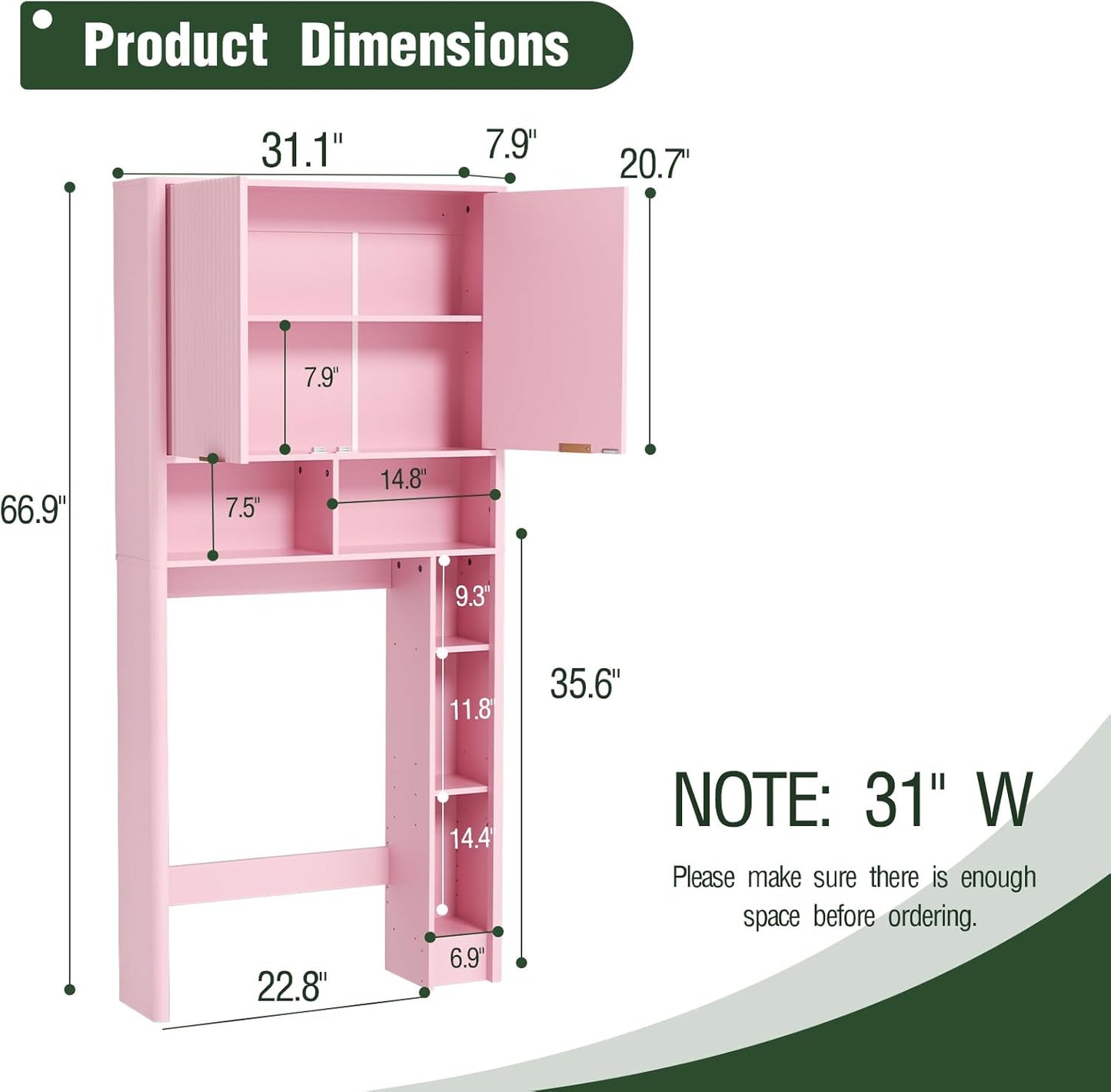31" W Over The Toilet Storage Cabinet with Fluted Door, Pink Bathroom Organizer with Adjustable Shelf, Toilet Paper Holder Stand Wave Door for Restroom, Laundry Room