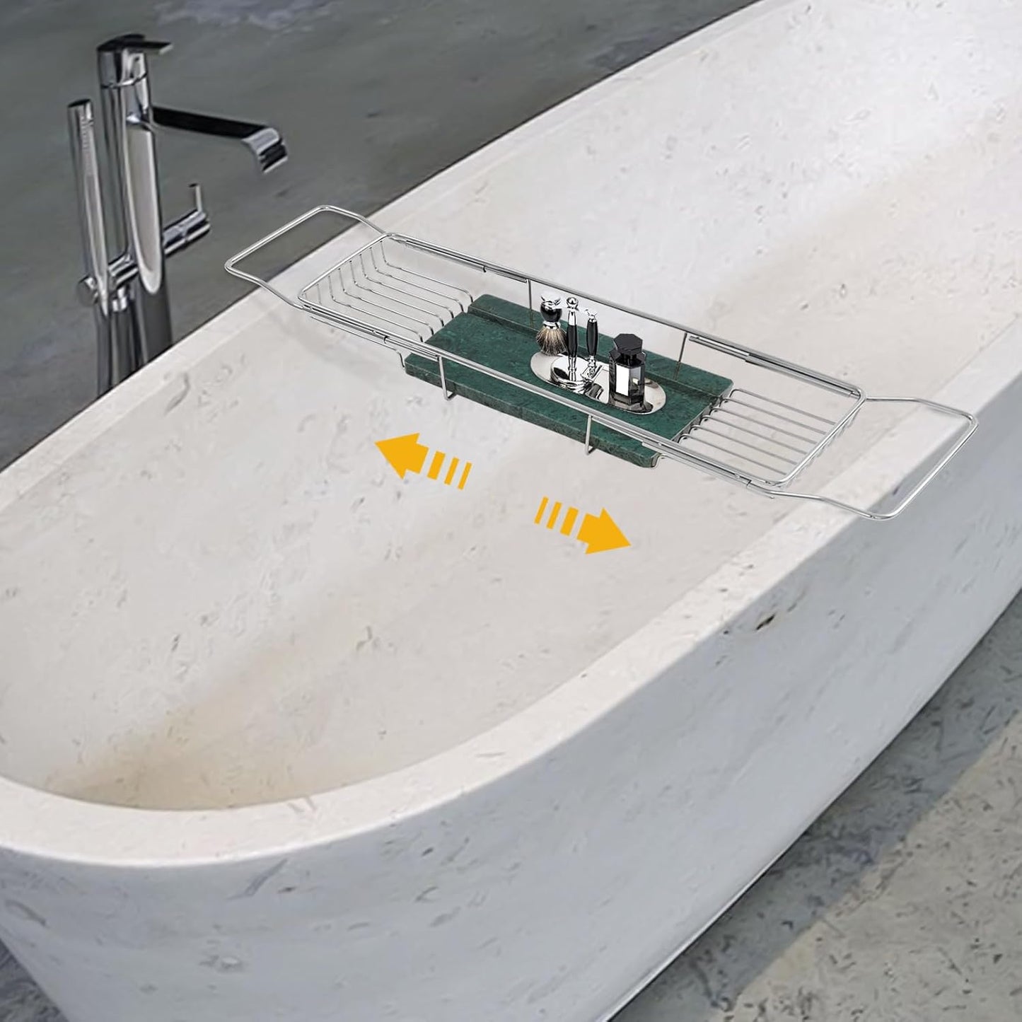 Bathtub Tray Caddy for Luxury Bath, Stainless Steel 26.8-35.4 in Expandable Extra Wide Bath Tub Tray with Natural Marble and Mobile/Tablet Stand, Ideal for Home Spa Lovers (Silver + Green)