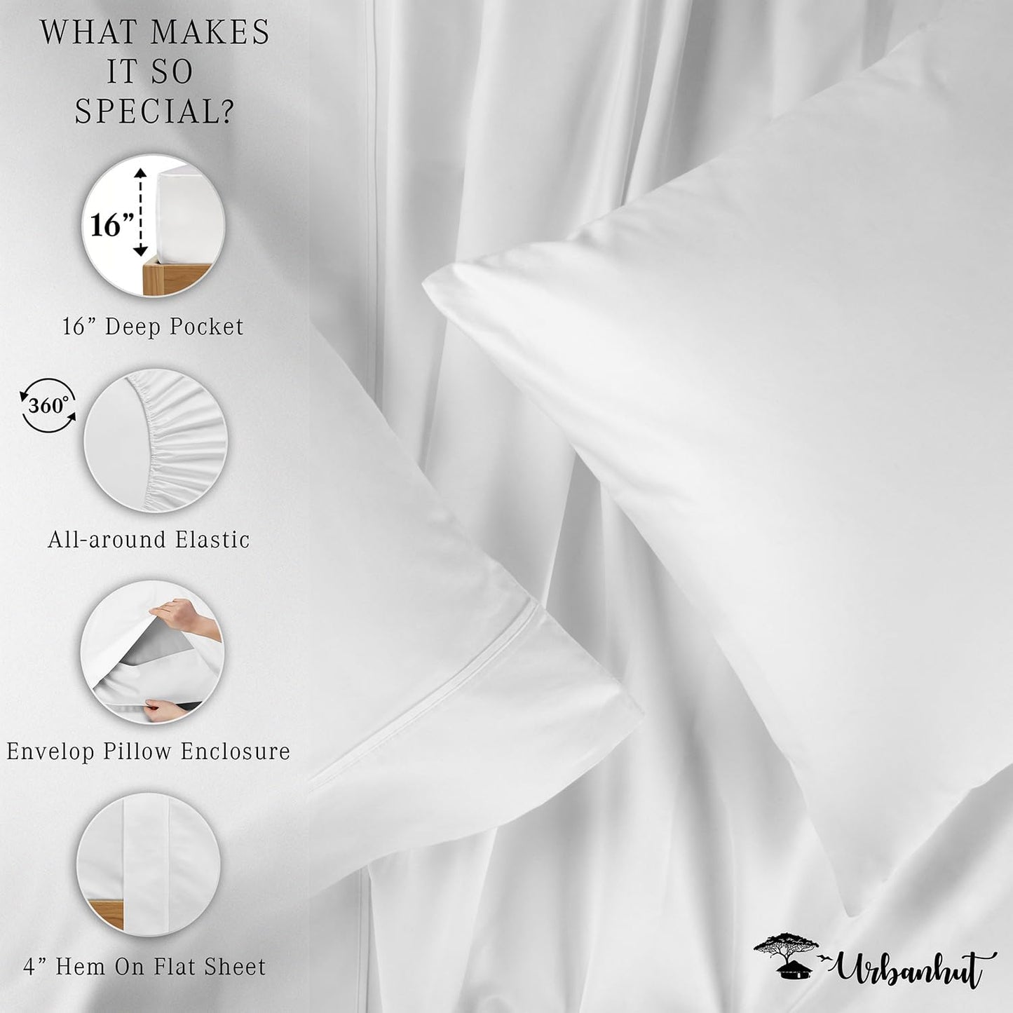 URBANHUT 700 Thread Count Egyptian Cotton Sheets Queen Size, 4Pc Sheet Set Soft Luxury Bed Sheets for Queen Size Bed, Sateen Weave Hotel Sheets, 16'' Elasticized Deep Pocket - White