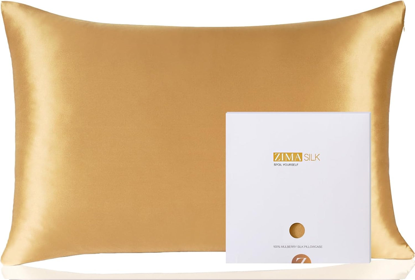 ZIMASILK 100% Pure Mulberry Silk Pillowcase for Hair and Skin Health,Soft and Smooth,Both Sides Premium Grade 6A Silk,600 Thread Count,with Hidden Zipper,1pc (Queen 20''x30'',Golden)