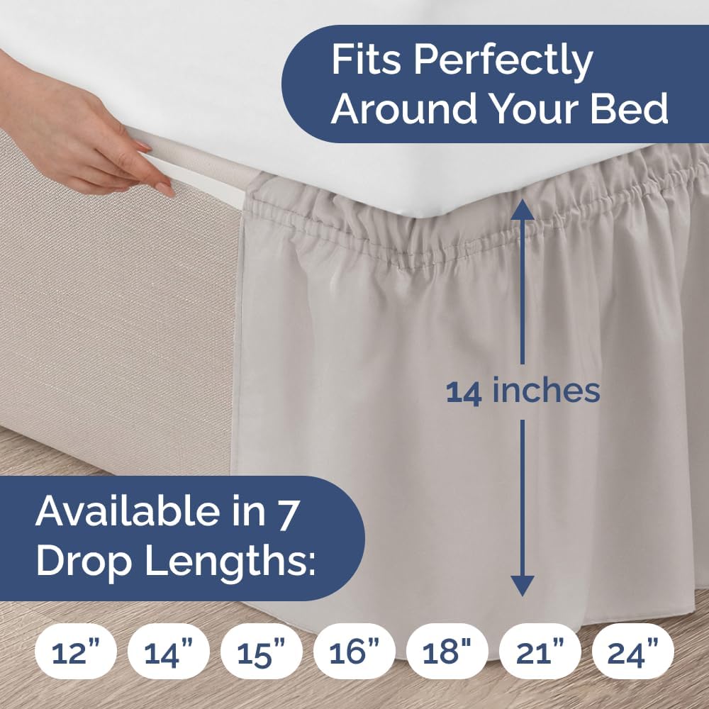 Wrap Around Dust Ruffle Bed Skirt - Light Grey - for King Size Beds w/ 14 Inch Drop - Easy Fit Elastic Strap - Adjustable Pleated Bedskirt with Brushed Fabric, Wrinkle Free Women, Men, Kids and Teens