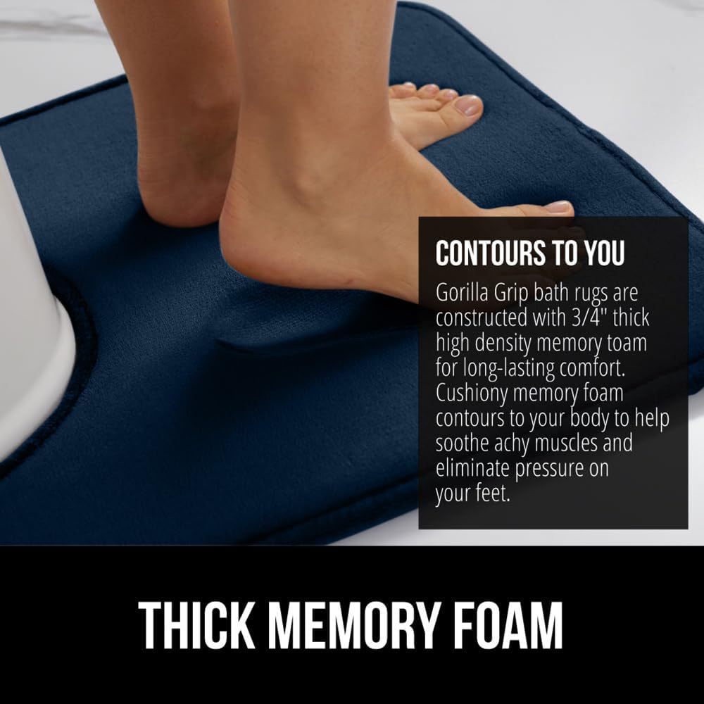 GORILLA GRIP Thick Memory Foam Toilet Rug for Bathroom, U Shaped Washable, Soft Absorbent Velvet Topside Floor Mats, Machine Wash, Cushioned Luxury Rugs for Bath Room, 22.5x19.5 Navy Blue