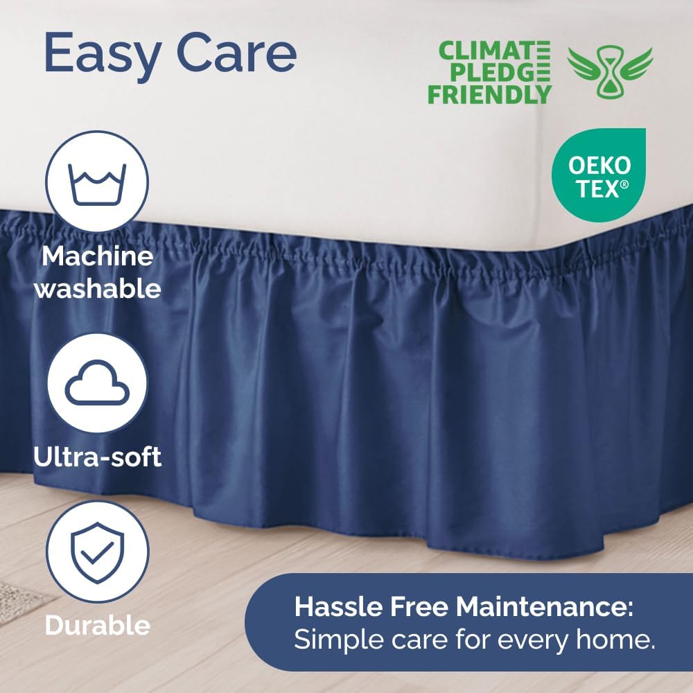 Wrap Around Dust Ruffle Bed Skirt - Navy Blue - for Full Size Beds w/ 16 Inch Drop - Easy Fit Elastic Strap - Adjustable Pleated Bedskirt with Brushed Fabric, Wrinkle Free Women, Men, Kids and Teens