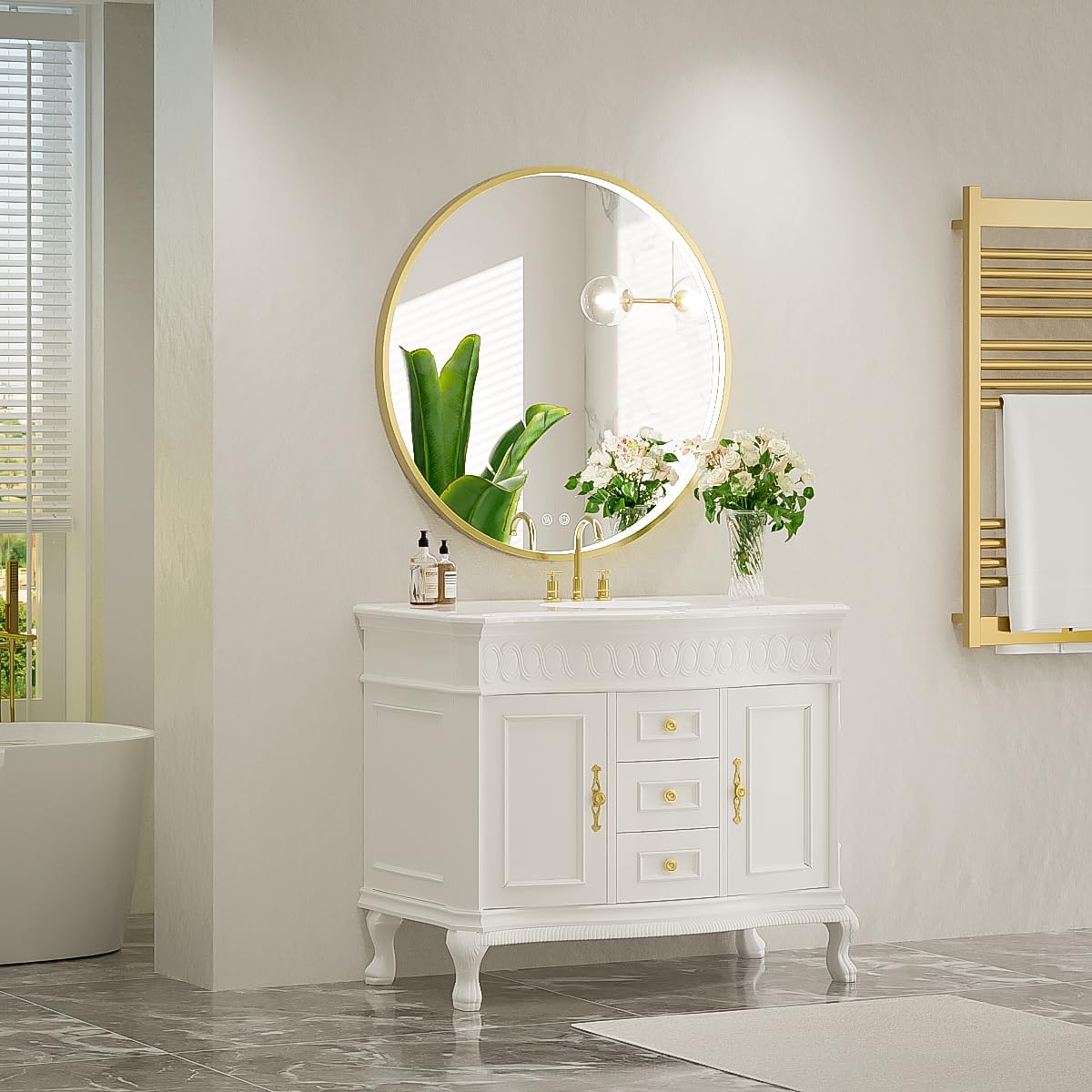24" Round LED Bathroom Mirror, Dimmable Anti-Fog Vanity Mirror with Touch Control, 6000K Natural Light, Gold Metal Frame, Wall Mounted for Makeup Shaving (IP54, 90+ CRI)
