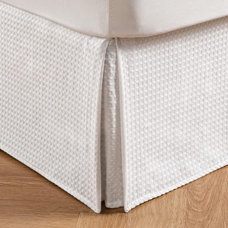 MIYE Pleated Waffle Weave Bed Skirt, Tailored Dust Ruffle 14 Inch Drop Easy Fit, Machine Washable (White, TwinXL - 14" Drop)