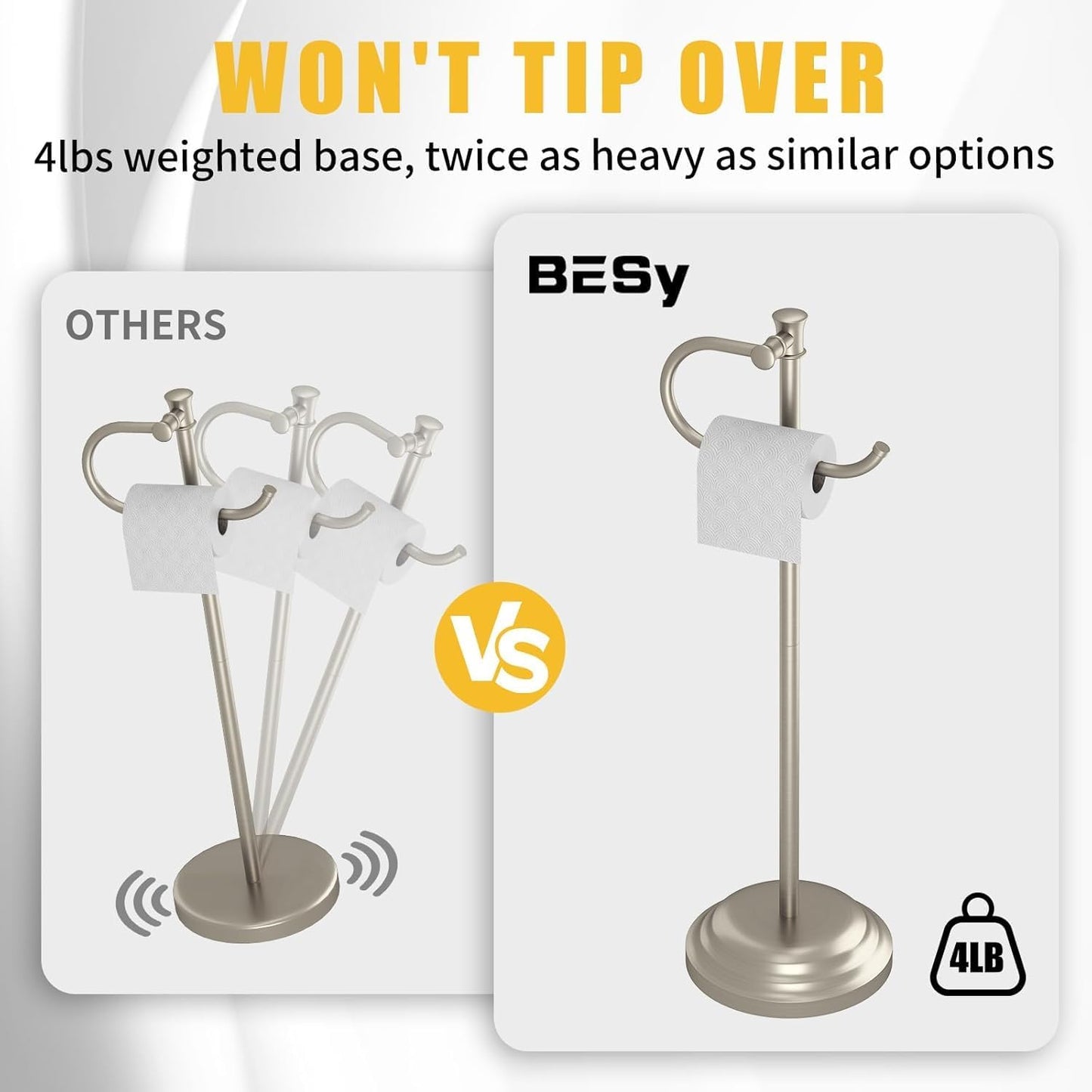 BESy Toilet Paper Holder Stand SUS 304 Free Standing Bathroom Tissue Holder with Storage Hardware Accessories Rack Hand Towel Bar Rustproof Lavatory Tissue Roll Holder Floor Modern Brushed Nickel