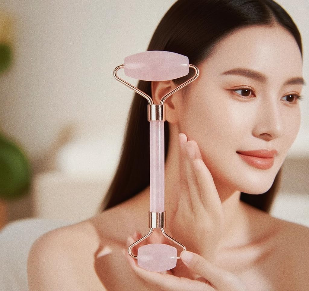 Jade Roller and Gua Sha Set, Face Massage Tools for Skincare,Facial Tools for Face, Neck, Eyes, for Enhanced Lymphatic Drainage, Self Care Gift for Men Women(Pink)