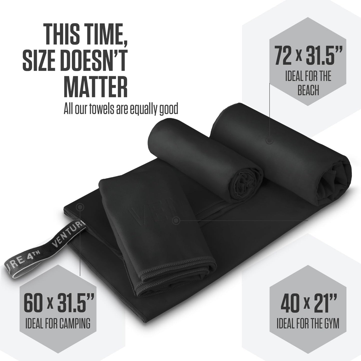 VENTURE 4TH - 4pcs Quick Dry Towels. Microfiber Travel Towels. Lightweight & Fast Drying Travel Towels for Body. Compact & Easy to Pack - 4 Pack Black Extra Large