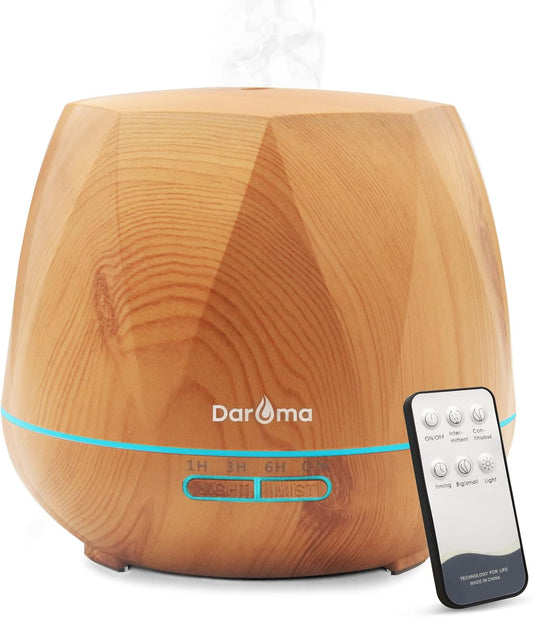 550ml Essential Oil Diffuser, DAROMA Upgraded Remote Control 6 in 1 Aromatherapy Ultrasonic Cool Mist Humidifier, 7 Color Changing Mood Lights & Waterless Auto-Off for Home Office Gift, Light Wood