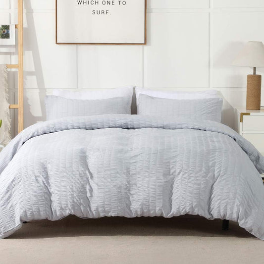 AveLom Light Gray Duvet Cover Full(80 x 90 inches), 3 Pieces (1 Duvet Cover, 2 Pillow Cases),Seersucker Tripe Soft Washed Microfiber Textured Duvet Cover Set with Zipper Closure, Corner Ties