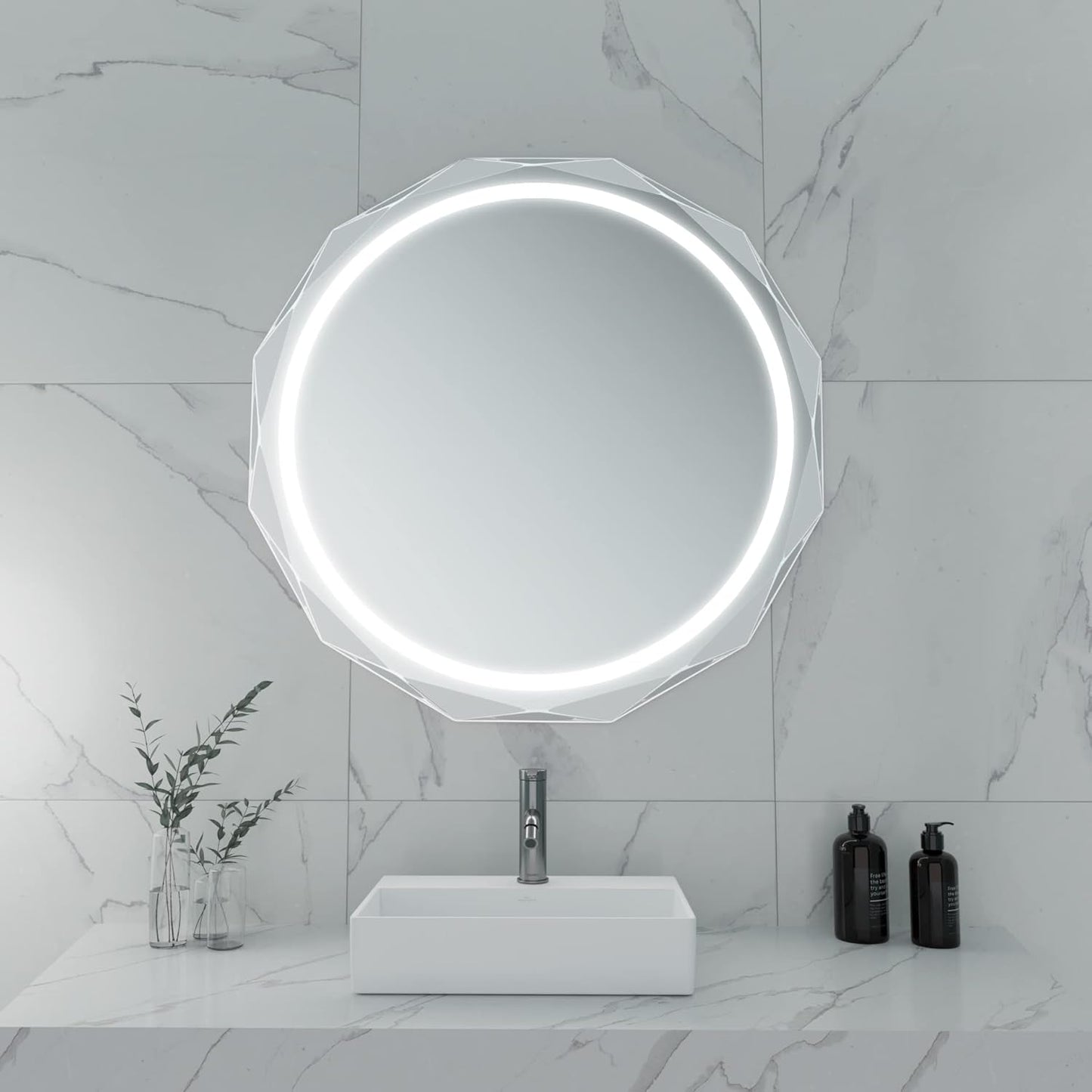 Round LED Bathroom Mirror, Beveled Edge Frameless Wall Mount Bathroom Vanity Mirror with 3-Color and Anti-Fog, 30 Inch, Silver