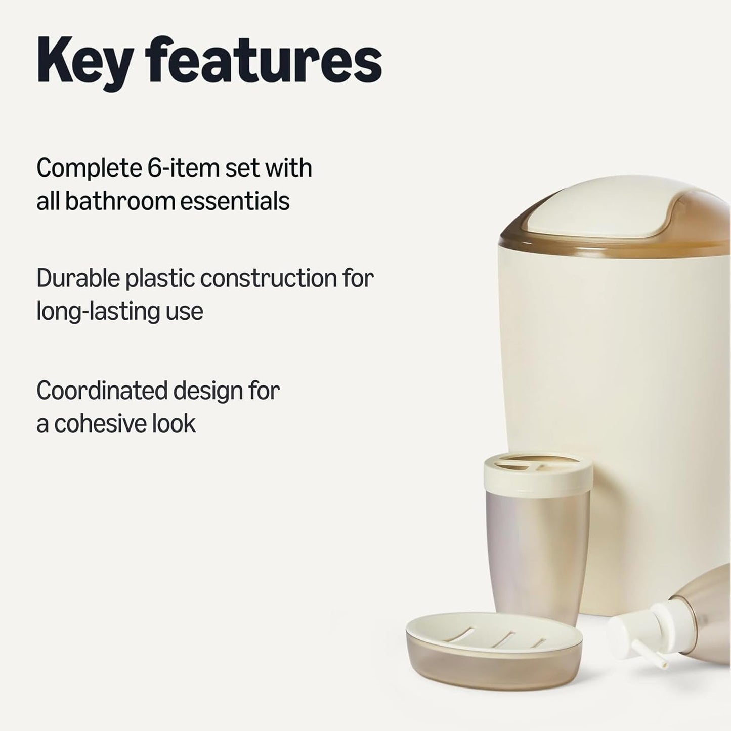 Amazon Basics 6 Pieces Bath Coordinate Set with Toothbrush Holder, Soap Dispenser and Soap Dish, Toothbrush Cup, Trash Can and Toilet Brush & Holder, Ivory