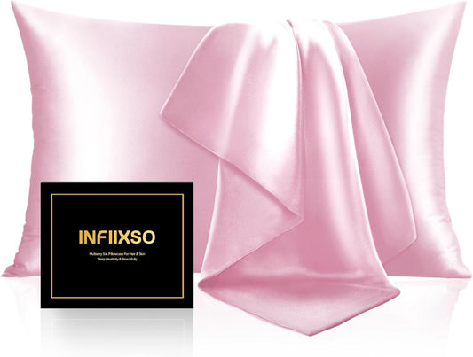 INFIIXSO Silk Pillow Cases 2 Pack Standard Size, Ultra Smooth & Soft Mulberry Silk Pillow Case for Hair and Skin, Breathable Cooling Silk Pillowcase with Hidden Zipper (Pink, 20x26 Inches)