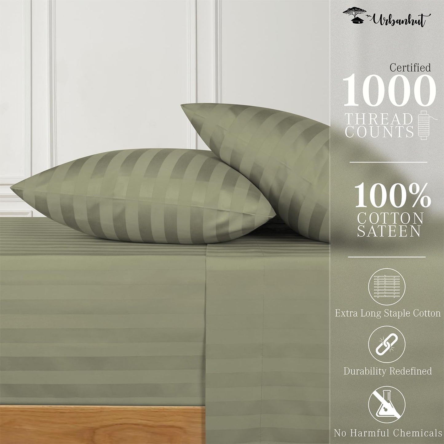 URBANHUT 1000 Thread Count Damask Striped Queen Size Egyptian Cotton Sheets, Long Staple Soft & Breathable, 4 Pc Bed Sheet Sets, Luxury Hotel Sateen Sheets Fits 16" Deep Pocket - Sage
