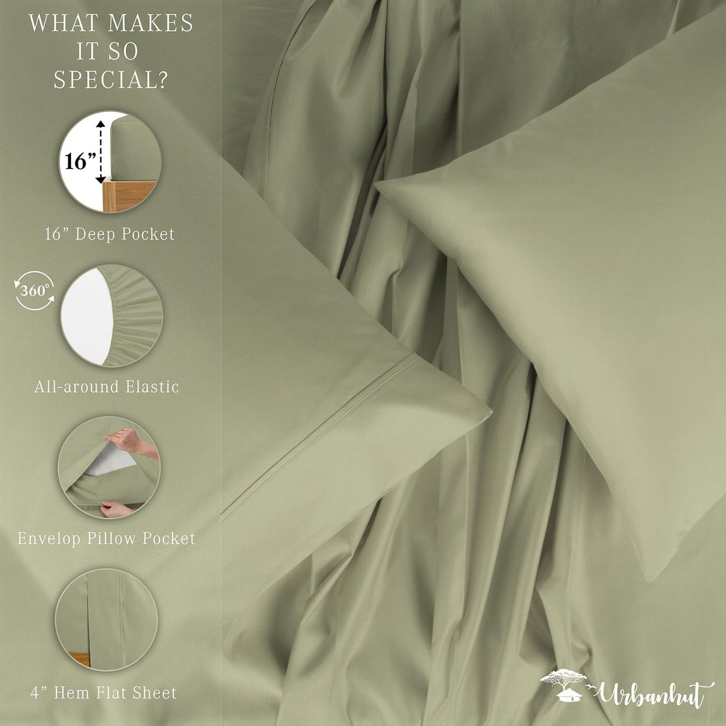 URBANHUT 1000 Thread Count King Size Egyptian Cotton Sheets, Long Staple Soft & Breathable, 4 Pc Bed Sheet Sets for King Size Bed, Luxury Hotel Sateen Sheets Fits 16" Deep Pocket - Sage