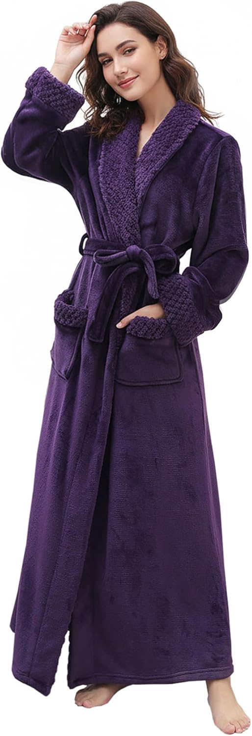 Artfasion Womens Long Fleece Robe - Warm Soft Floor Length Flannel Bathrobes for Winter Thicker Long House Coat with Pockets