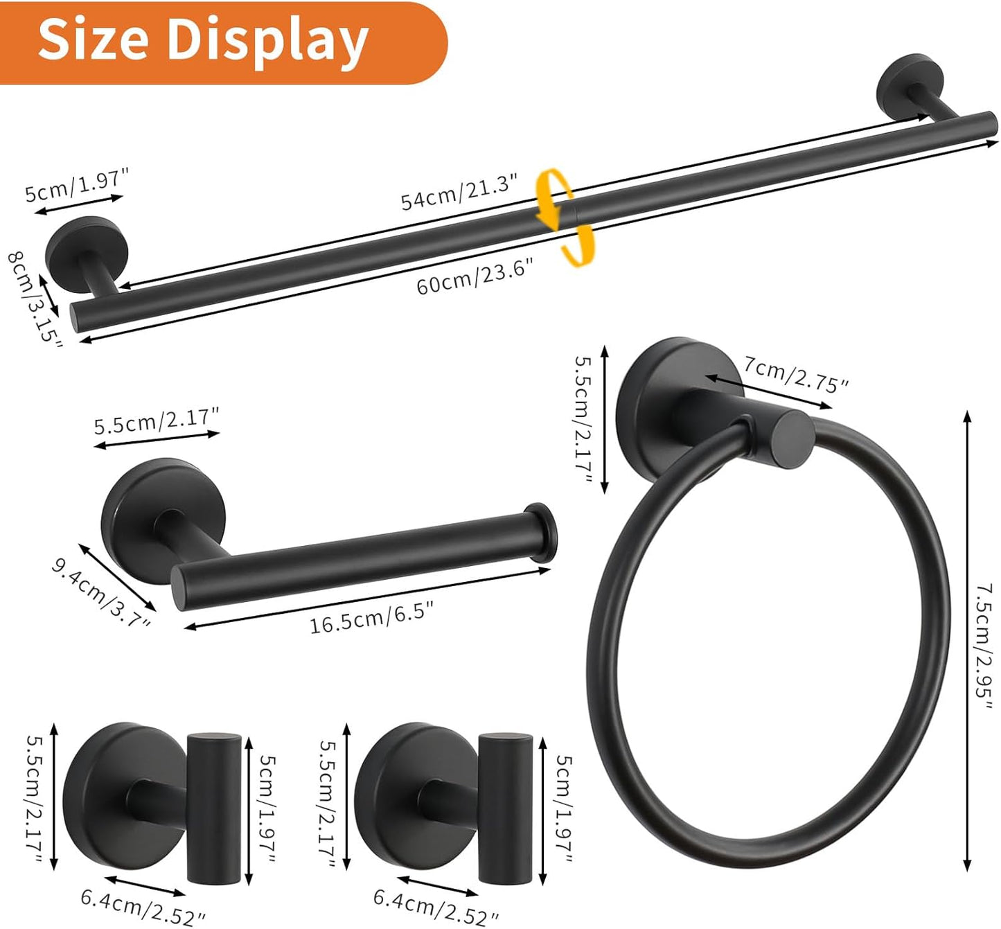5-Piece Black Bathroom Hardware Set - 24 Inch Towel Bar, 2 Robe Towel Hooks, Toilet Paper Holder, Towel Ring, Wall Mounted Bathroom Accessories (Matte Black Finish)