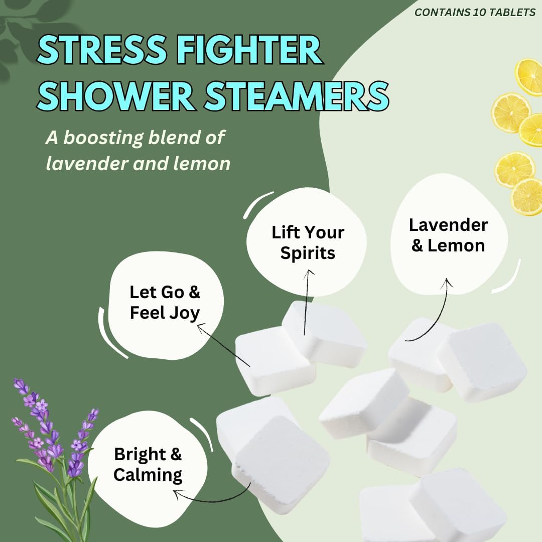 Stress Fighter Shower Steamers Aromatherapy for Relaxing - Christmas Gift - Adult Stocking Stuffer - USA Made - Lavender & Lemon Shower Bomb Tablets - Soothing Natural Essential Oils (10 Pack)