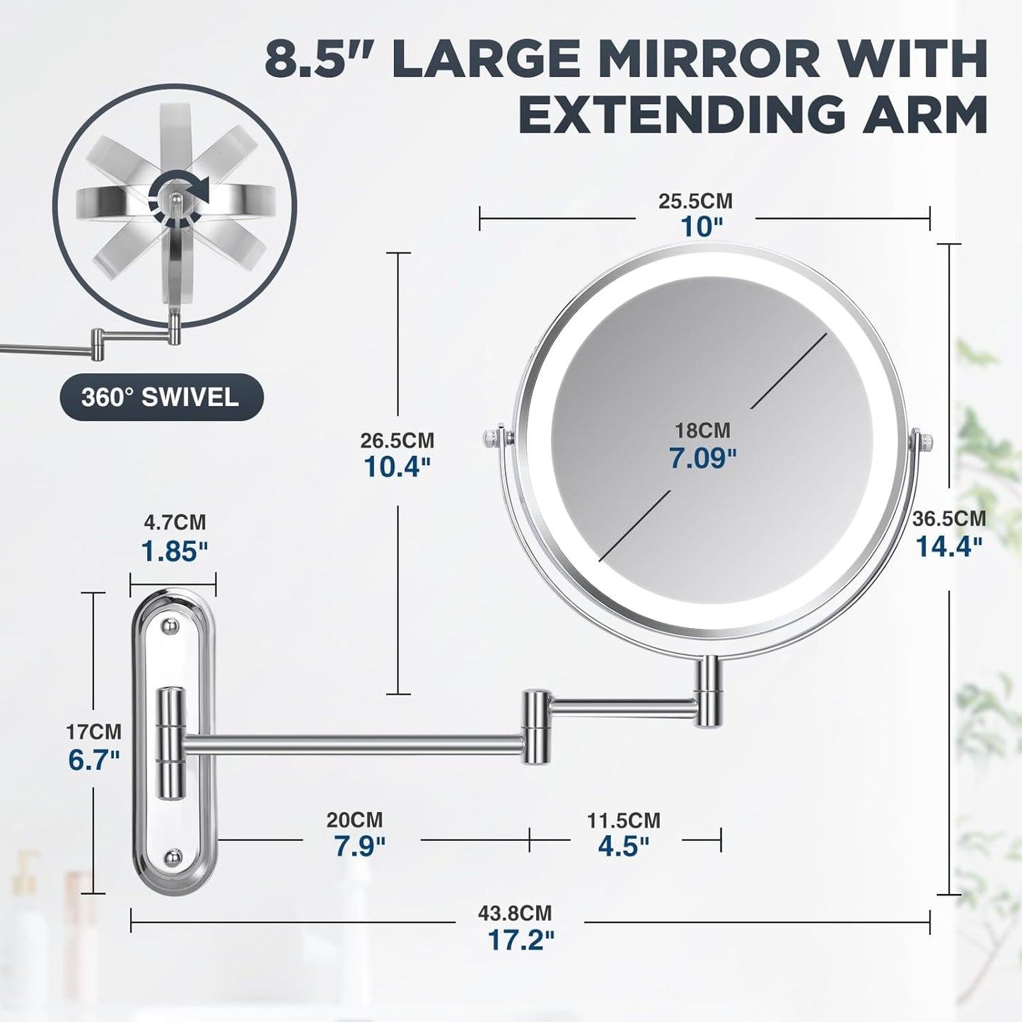 Wall Mounted Mirror with Lights - 15x Magnifing Extended Arm Mirror, 3 Color Lights & 360°Swivel Vanity Mirror, 8.5in Bathroom Mirrors for Wall Mounted - Chrome