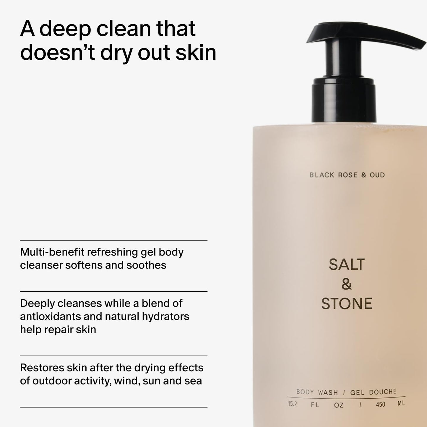 Salt & Stone Body Wash for Women & Men | Black Rose & Oud | Hydrating Gel Cleanser | Clean & Soften Skin | Made with Niacinamide & Hyaluronic Acid | Free From Parabens Sulfates & Phthalates 15.2 fl oz