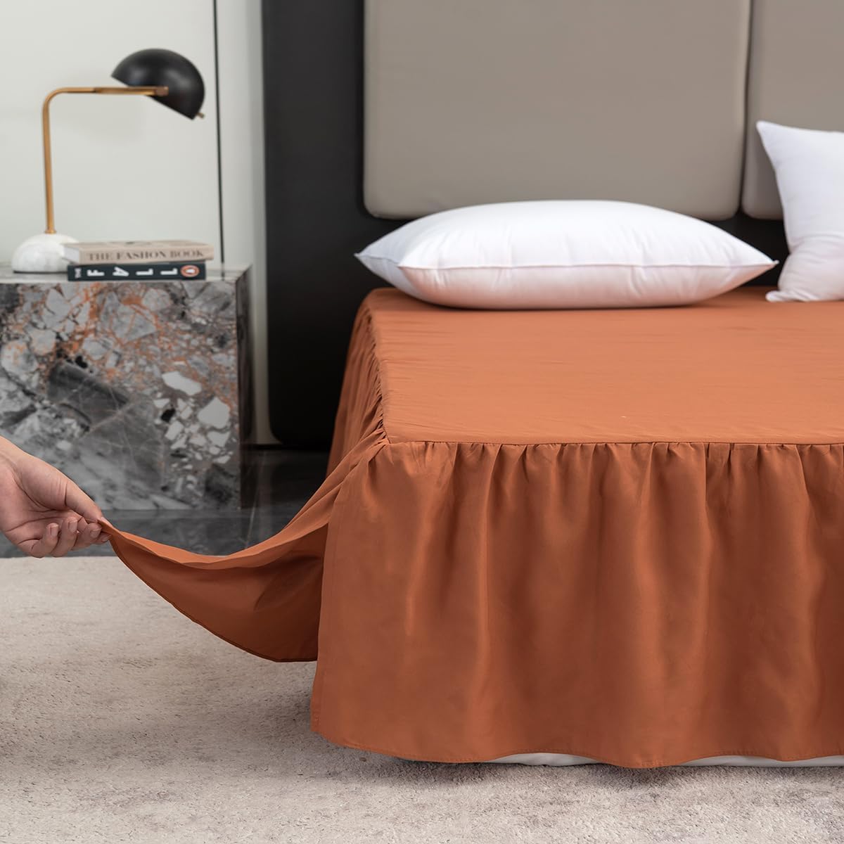 Bed Skirt Queen Size Ruffled Bed Skirt with Split Corners, 16 Inch Drop Dust Ruffle Bed Skirts with Platform, Terracotta
