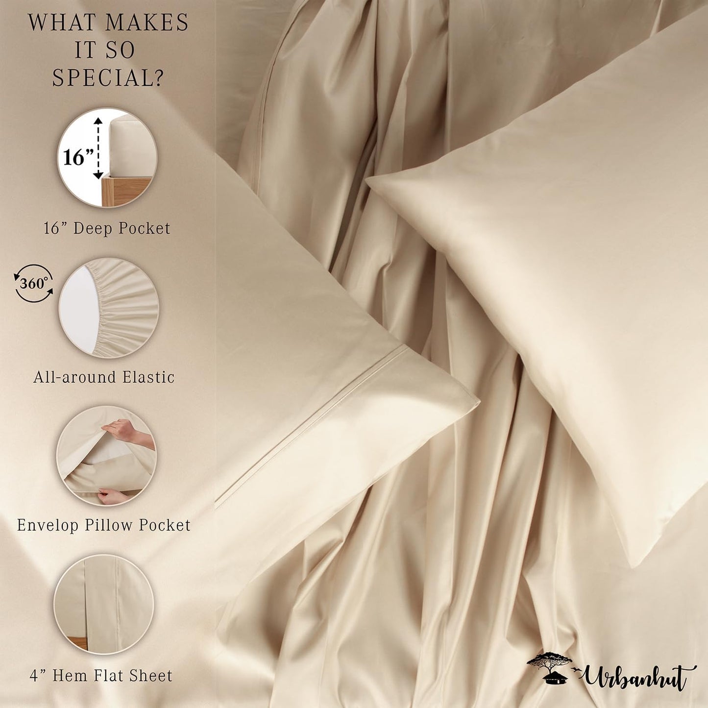 URBANHUT 700 Thread Count Egyptian Cotton Sheets Queen Size, 4Pc Sheet Set Soft Luxury Bed Sheets for Queen Size Bed, Sateen Weave Hotel Sheets, 16'' Elasticized Deep Pocket - Sand