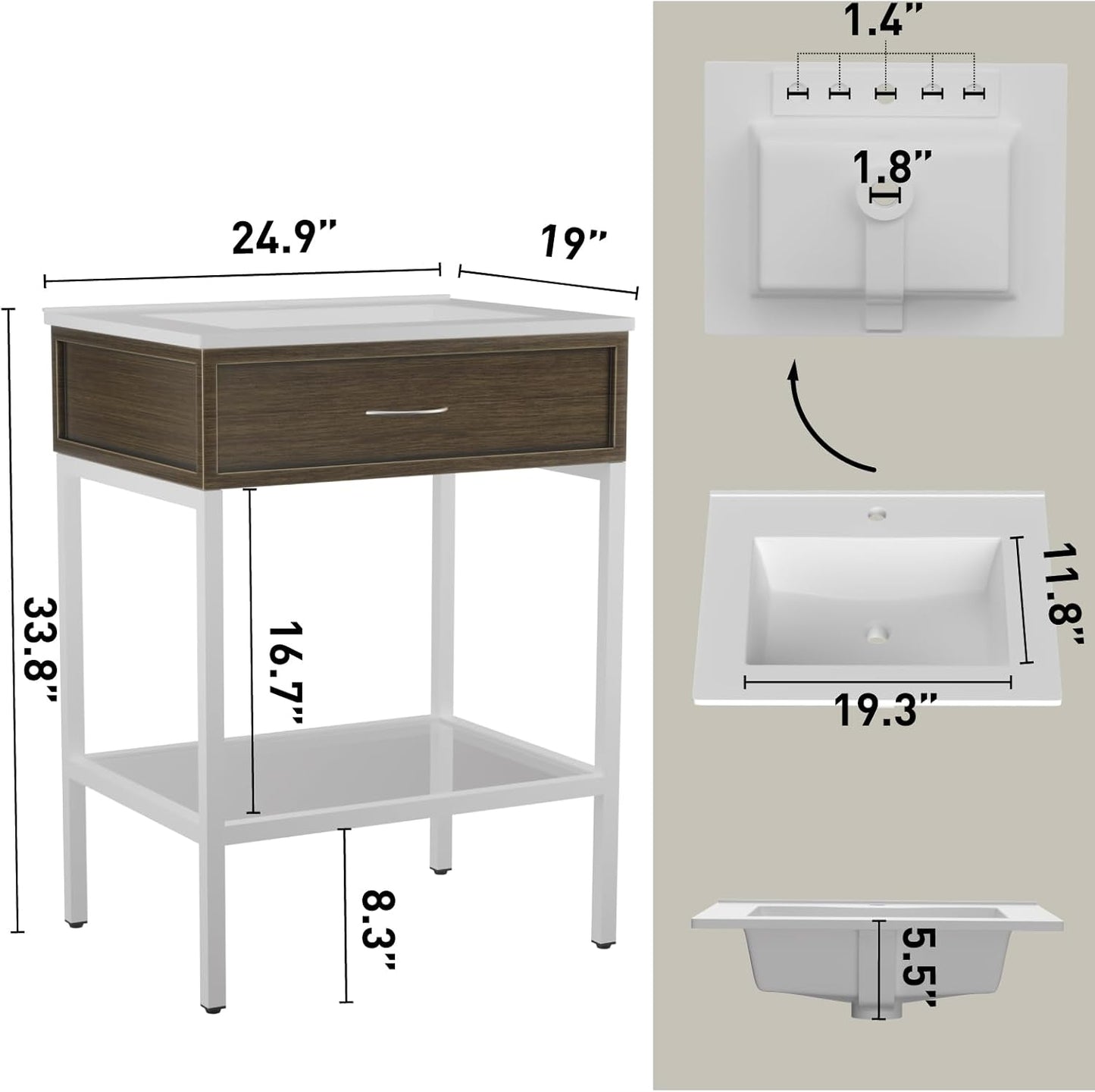 24 Inches Bathroom Vanity with Resin Sink, Single Sink Modern Cabinet Set, Stainless Steel Frame with Tempered Glass Open Shelf, Freestanding Bathroom Storage Cabinet Combo, White