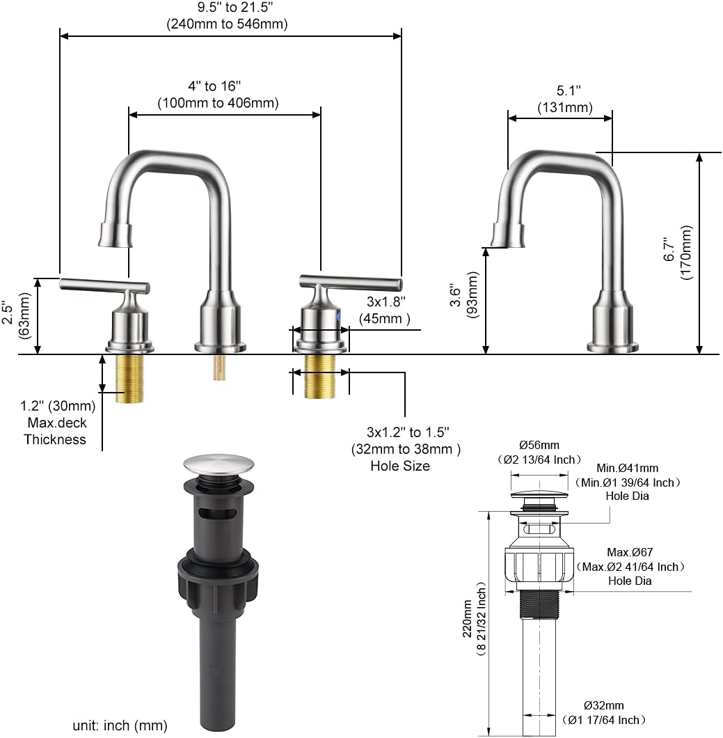 WOWOW 2 Handles 8 inch Widespread High Arc Bathroom Faucet Brushed Nickel Lavatory Faucet 3 Hole 360°Swivel Spout Modern Sink Basin Faucets
