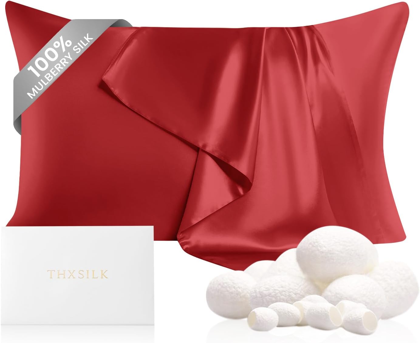 THXSILK 100% Mulberry Silk Pillowcase for Hair and Skin, Both Sides Grade 6A+ 22 Momme Pure Mulberry Silk Pillow Case with Hidden Zipper, Soft and Smooth Red Pillowcase(1pc, Queen Size 20"x30")