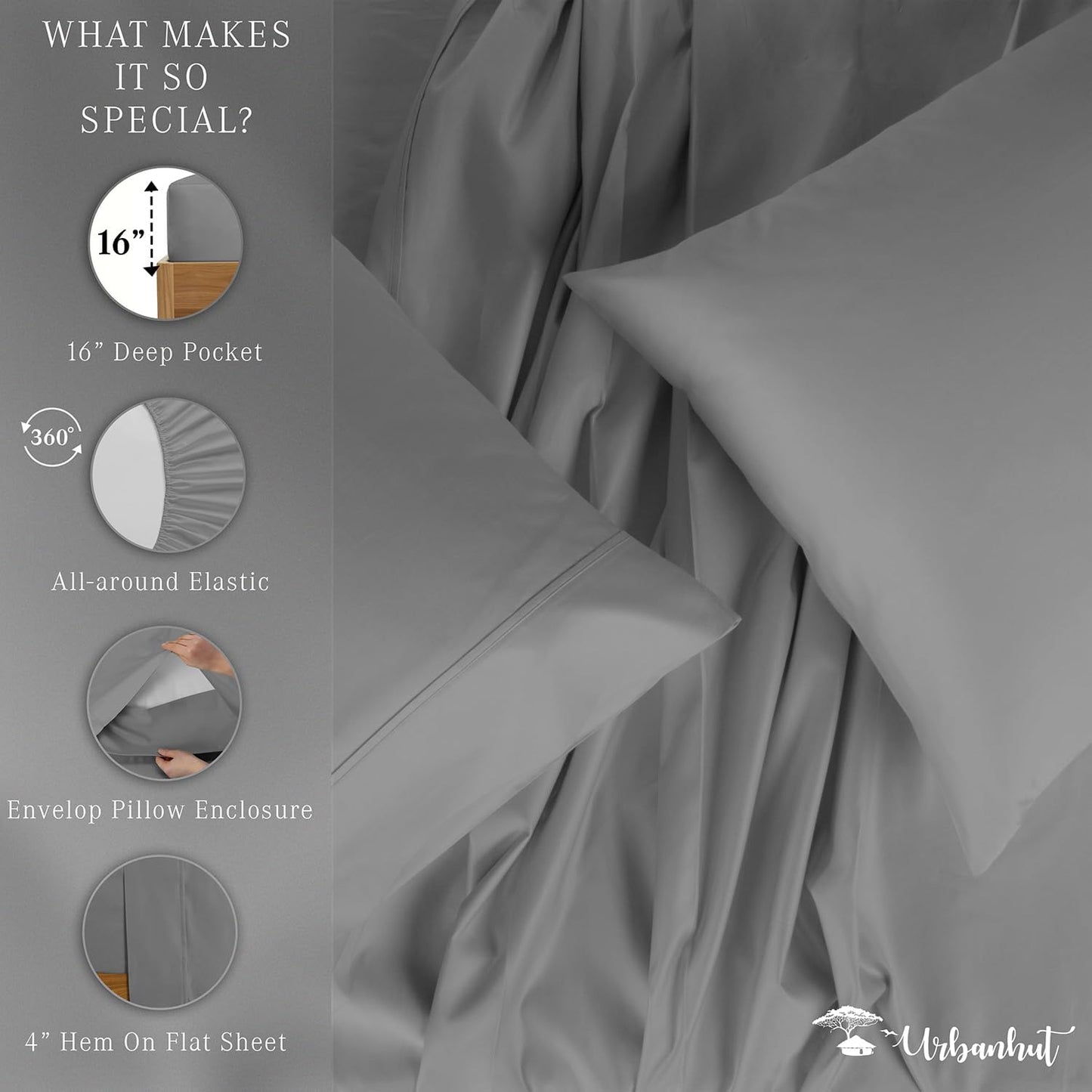 URBANHUT 700 Thread Count Egyptian Cotton Sheets Queen Size, 4Pc Sheet Set Soft Luxury Bed Sheets for Queen Size Bed, Sateen Weave Hotel Sheets, 16'' Elasticized Deep Pocket - Dark Grey