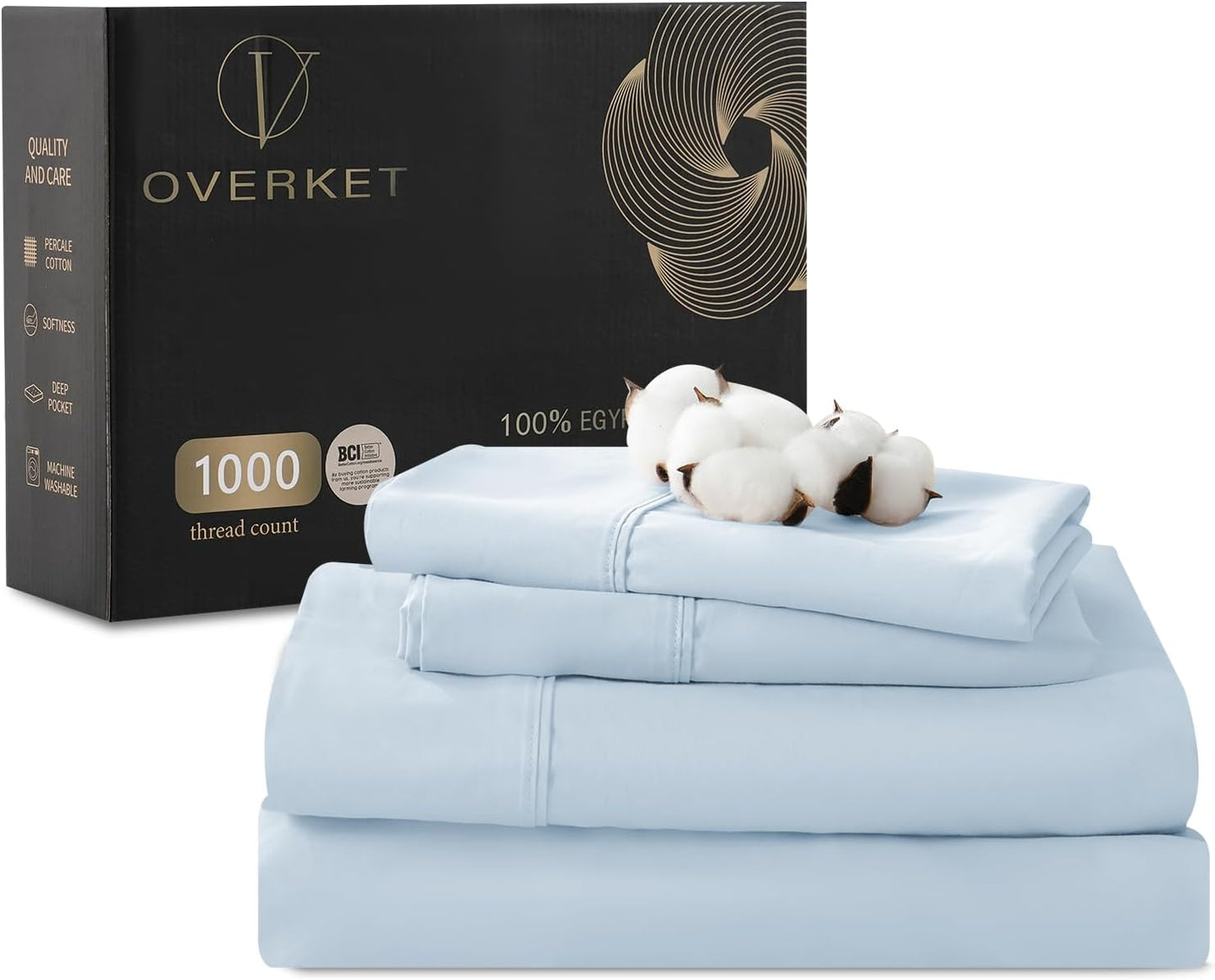 1000 Thread Count Egyptian Cotton Sheets Queen Size Set Sateen Weave Soft Breathable 16-Inch Deep Pocket 4PCS（Queen,Light Blue）