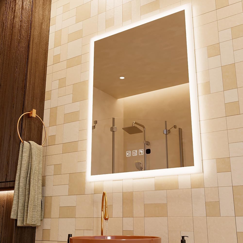 24 x 32 inch LED Bathroom Mirror with Bluetooth Speaker, Induction Switch Light Smart Vanity Mirror Wall Mounted, IP44 Waterproof Anti Fog Vertical & Horizontal