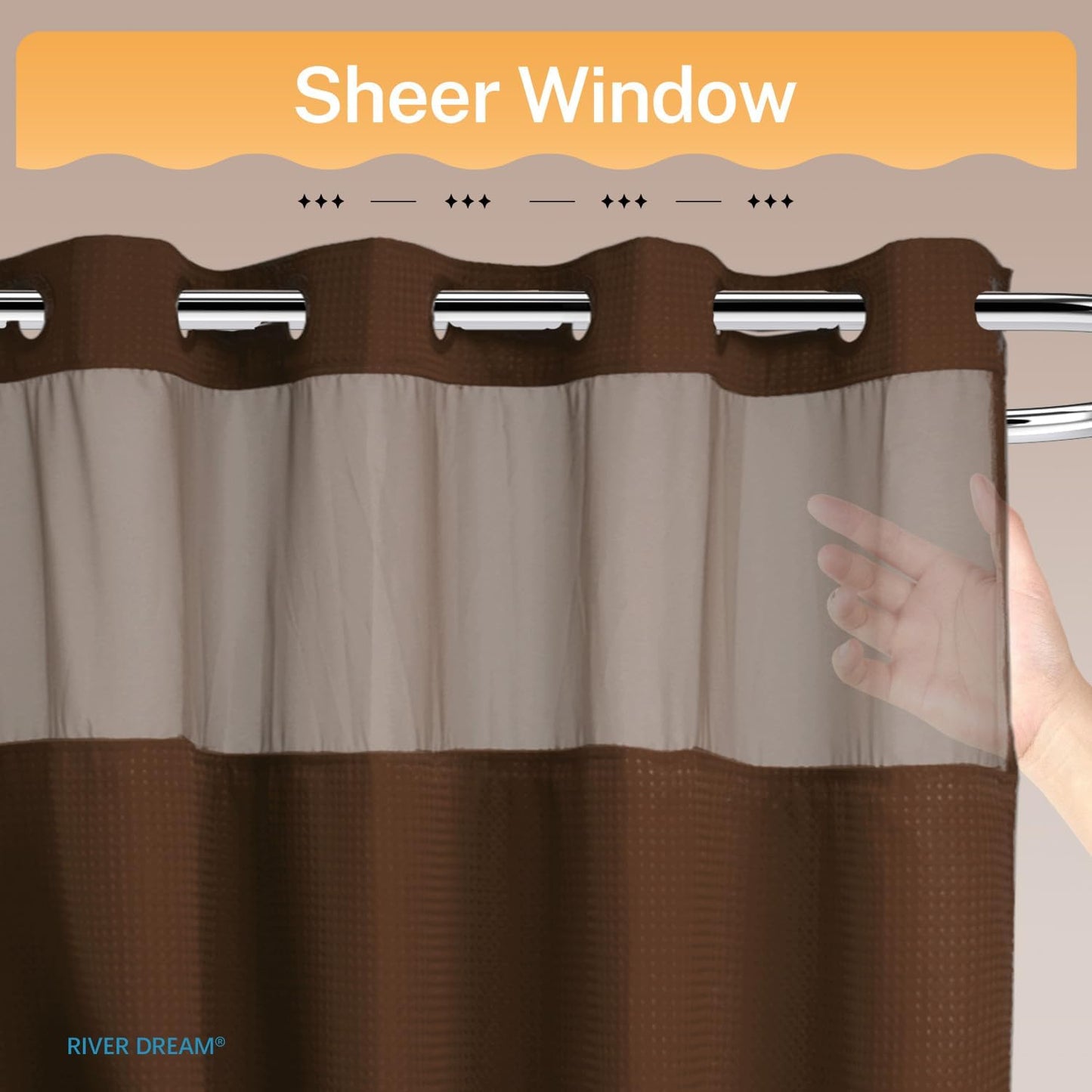 River Dream No Hooks Required Dotted Brown Shower Curtain with Snap in Liner - 71" W x 74" H,Hotel Grade,Spa Like Bath Curtain